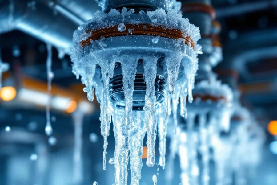 Bevroren sprinklerkoppen met ijskristallen en vorstschade aan leidingen in brandveiligheidssysteem