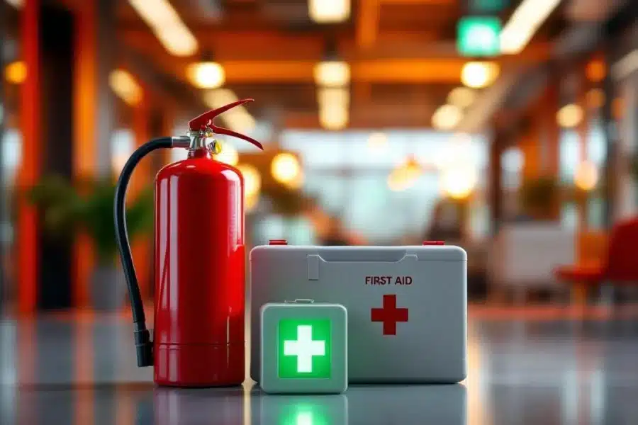 Vier BHV-veiligheidselementen: rode brandblusser, groene nooduitgang, EHBO-kit en evacuatieplan in modern kantoor