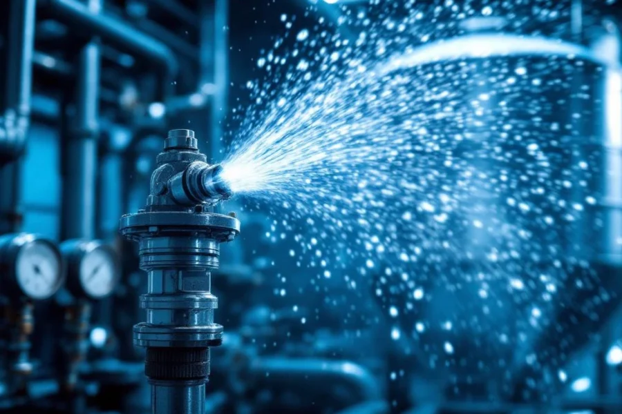 Chrome sprinkler sproeit water in industriële brandveiligheidsinstallatie met leidingen en drukmeter