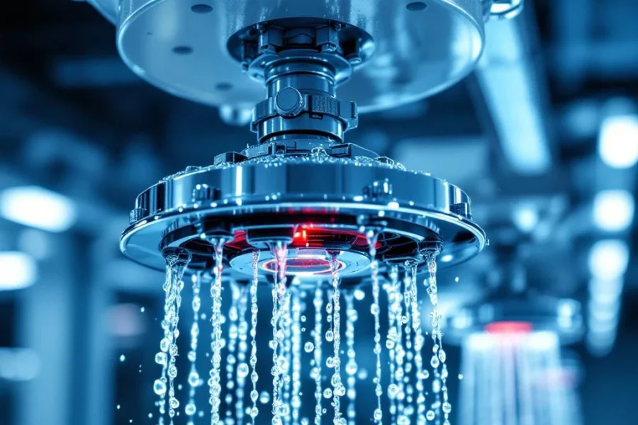 Chromen sprinklerhoofdje met rode thermische component aan wit plafond, waterdruppels na test in modern kantoor