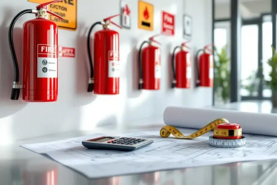 Brandblusser-installatie in modern kantoor met veiligheidsaanduiding, calculator en blauwdruk op bureau voor brandveiligheid