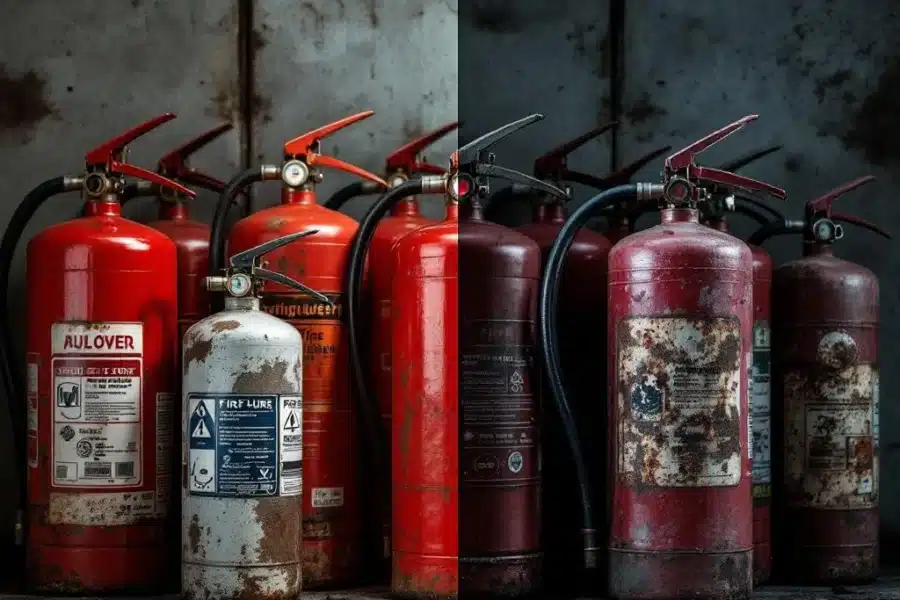 Brandblusser vergelijking: nieuwe rode cilinders naast verouderde exemplaren met roest en versleten labels in industriële omgeving