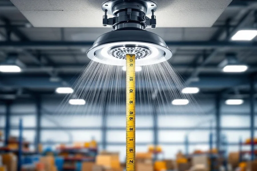 Brandsprinkler aan plafond met meetlint dat 0,5 meter veiligheidsafstand tot magazijnopslag toont