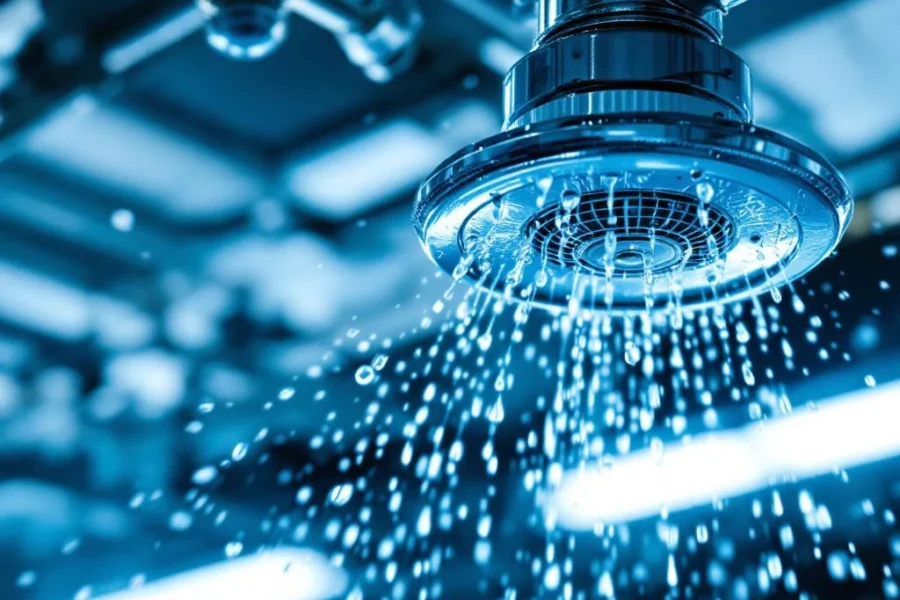 Chromen brandsprinkler spuit water in fijne nevel tegen industrieel plafond met drukmeters op achtergrond