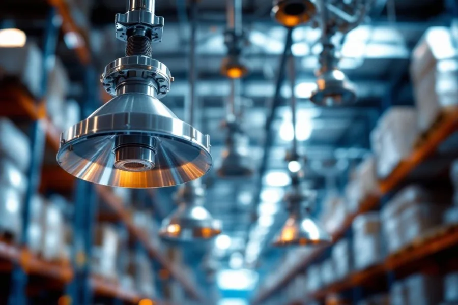 Industriële sprinklerkoppen aan magazijnplafond met ESFR-sproeiers en metalen afwerking in moderne opslagruimte