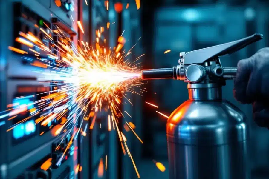 CO2-brandblusser gericht op elektrische vonken en vlammen uit industrieel schakelpaneel in technische omgeving