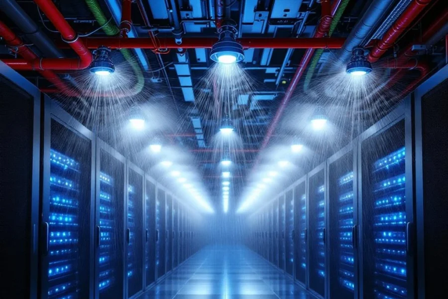 Moderne datacenter serverruimte met actief sprinklersysteem dat watermist verspreidt tussen verlichte serverracks