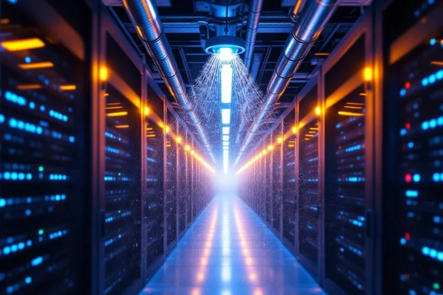 Moderne datacenterruimte met verlichte serverrekken en chromen sprinklersysteem met watermist in blauw LED-licht