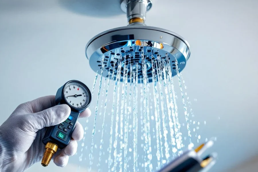 Professionele inspecteur test sprinkler systeem met digitale drukmeter, waterdruppels bevroren in actie