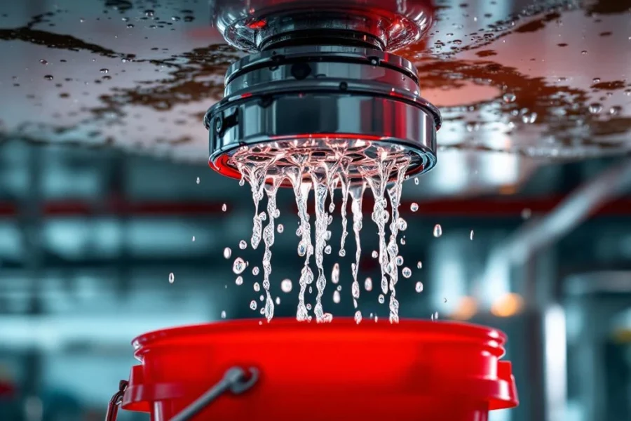 Lekkende chromen sprinkler met waterdruppels boven rode opvangbak, waterschade vlekken op wit plafond zichtbaar