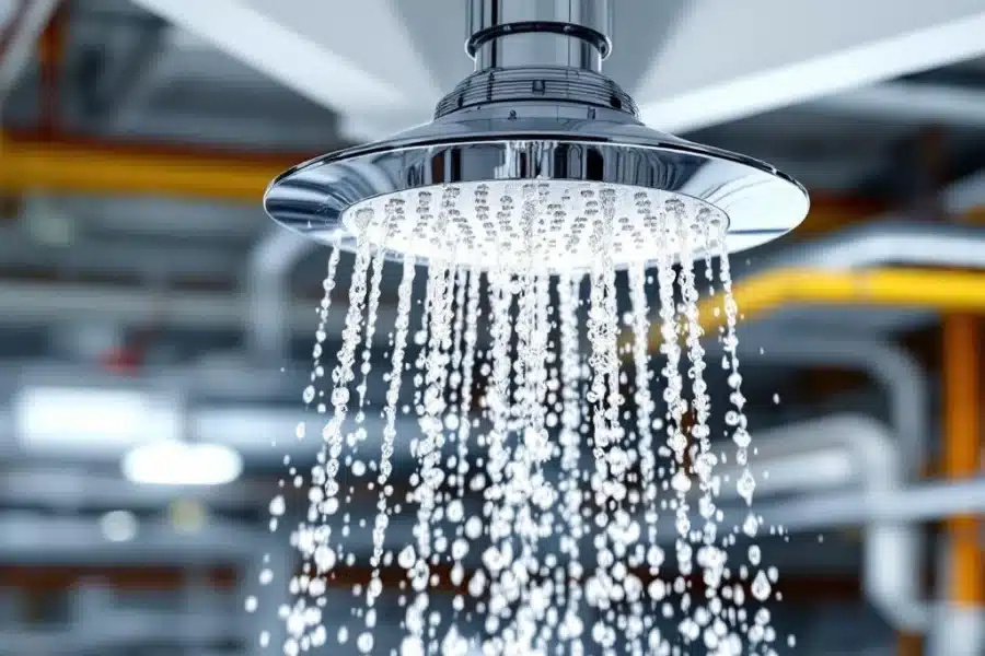 Chrome sprinkler op wit plafond met bevroren waterdruppels, industriële leidingen en veiligheidscertificaten op achtergrond