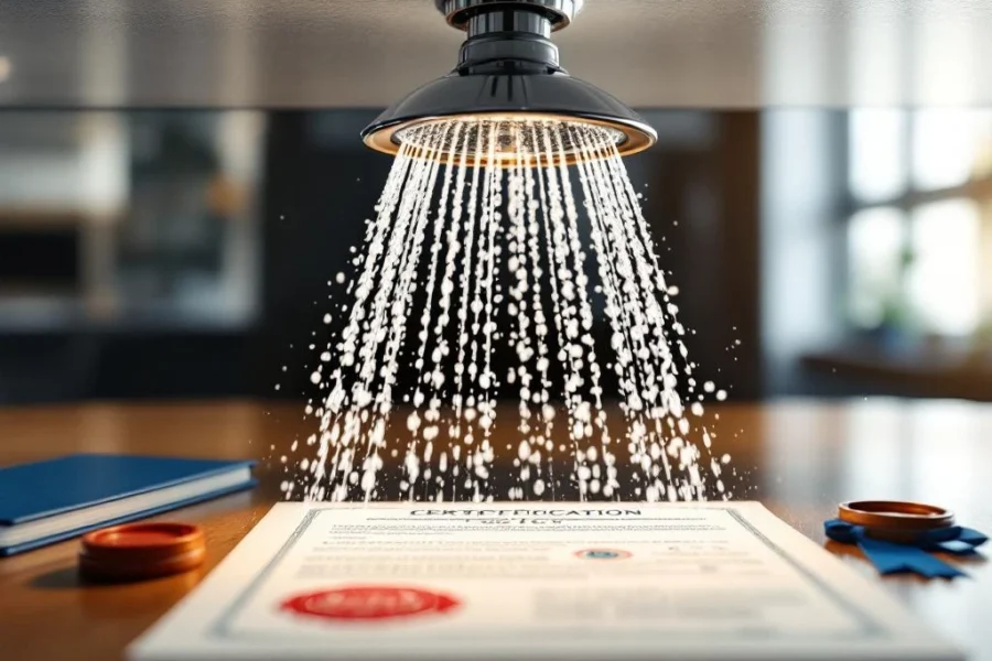 Chrome sprinkler op wit plafond met waterstraal, certificeringsdocumenten met rode zegels op bureau op voorgrond