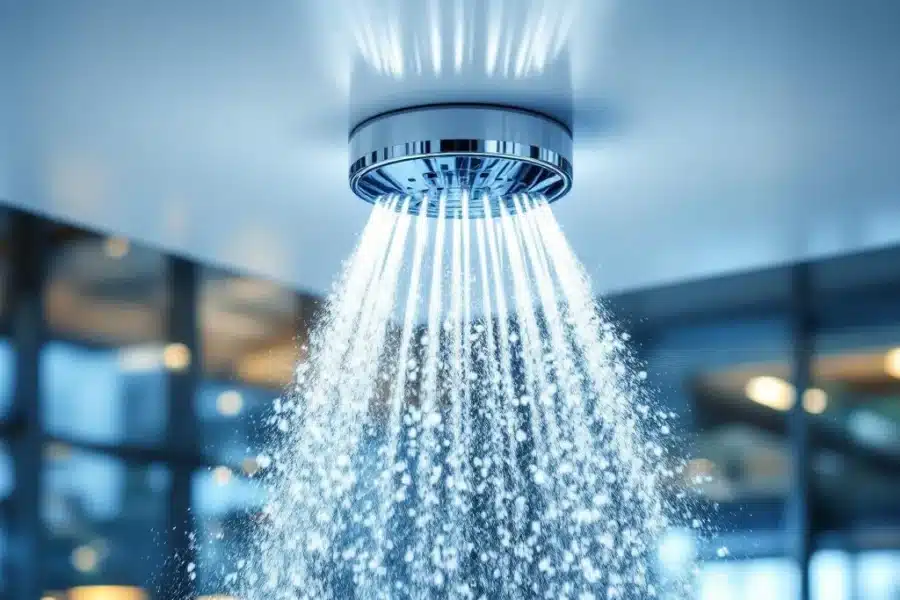 Chrome sprinkler kop spuit water in circulaire patroon op wit plafond in modern commercieel gebouw