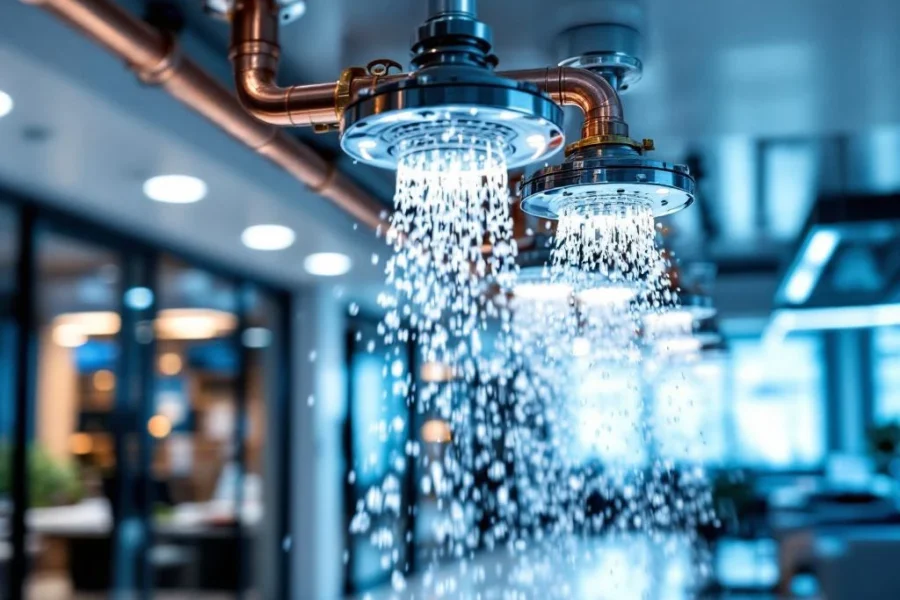 Moderne sprinklerkoppen op wit kantoorplafond spuiten water in moderne kantooromgeving met glazen wanden