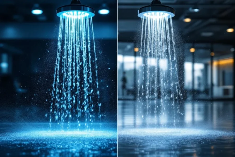 Moderne kantoorruimte met actief sprinklersysteem links en beschermde droge ruimte rechts, chromen sprinklerkoppen prominent