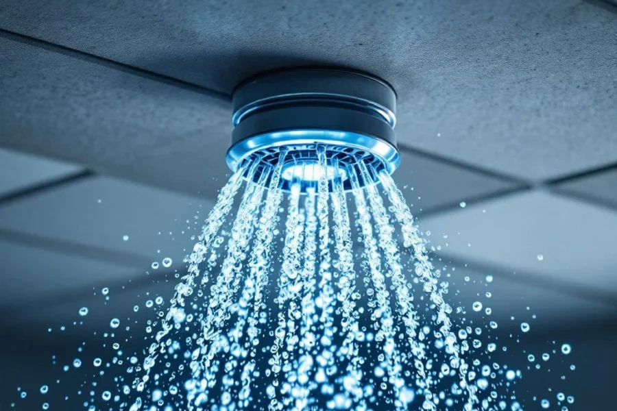 Actieve sprinkler sproeit water in cirkelvormig patroon tegen industrieel plafond voor brandbeveiliging