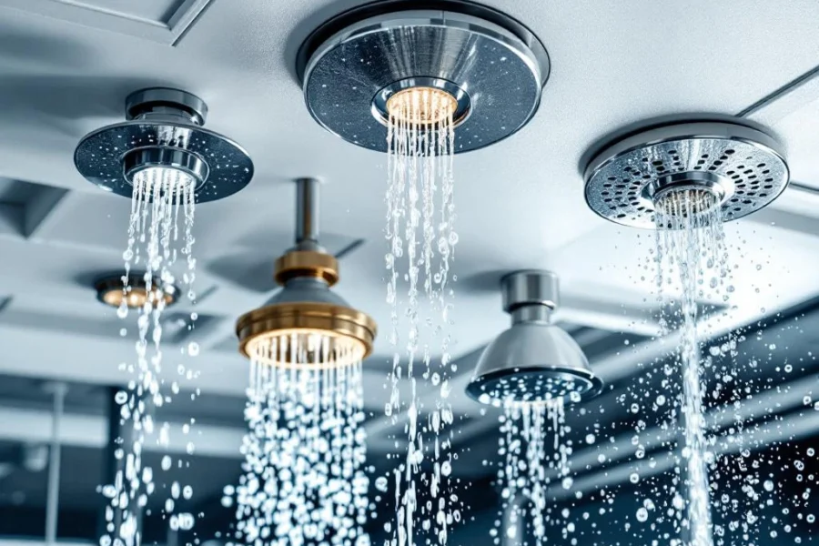 Professionele sprinklerkoppen in actie met waterdruppels op industrieel plafond voor brandbeveiliging