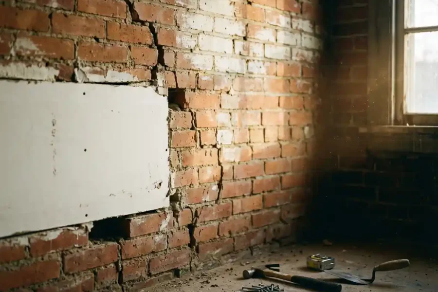 Verweerde bakstenen muur uit de jaren '60 met gedeeltelijk geïnstalleerde witte brandwerende gipsplaat en bouwgereedschap op betonnen vloer