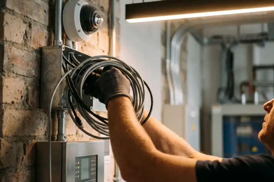 Beveiligingstechnicus verbindt ethernet- en stroomkabels tussen witte bewakingscamera en bedieningspaneel op bakstenen muur