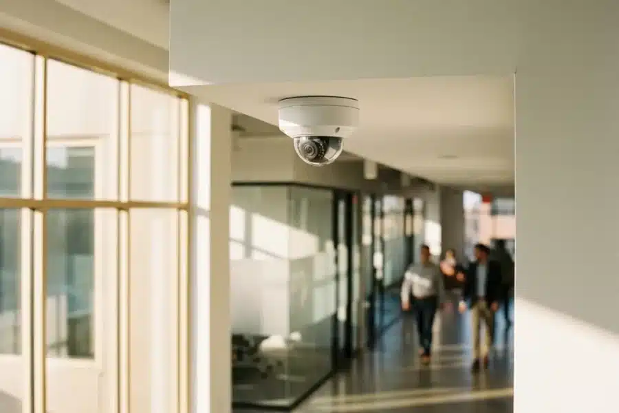 Witte beveiligingscamera gemonteerd in hoek van modern kantoorplafond met natuurlijk licht en zachte schaduwen