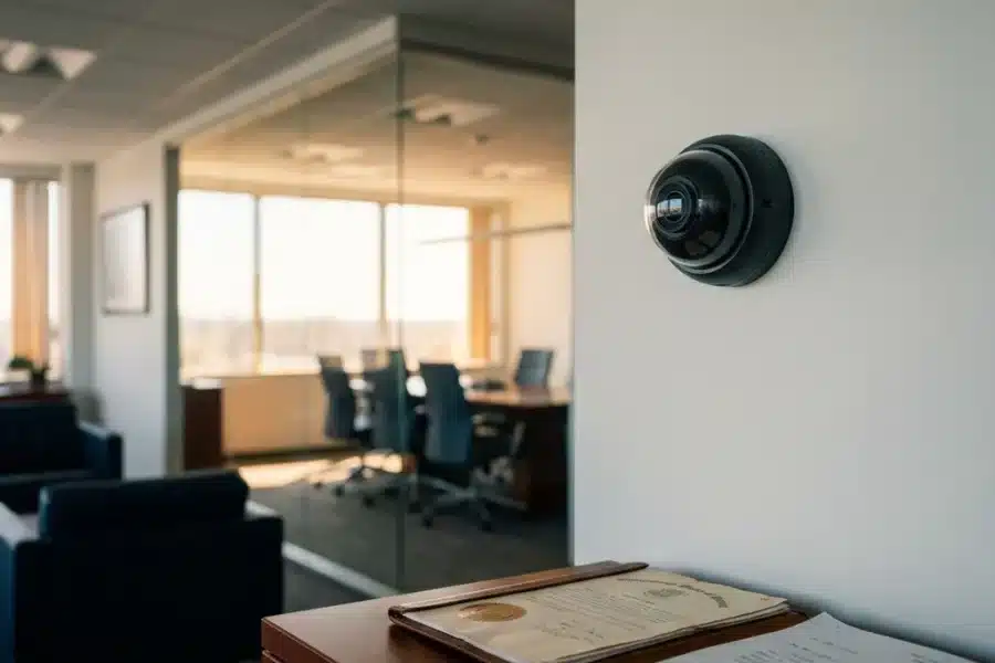 Professionele beveiligingscamera aan witte kantoorwand gericht op moderne vergaderruimte met glazen panelen en juridisch document