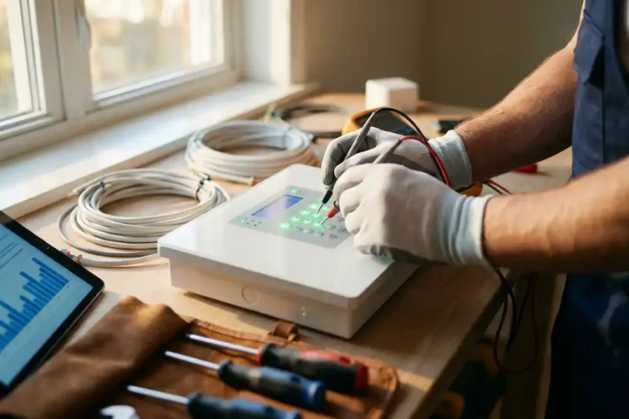 Beveiligingstechnicus inspecteert wit bedieningspaneel met groene LED-indicatoren en diagnostische gereedschappen op werkruimte