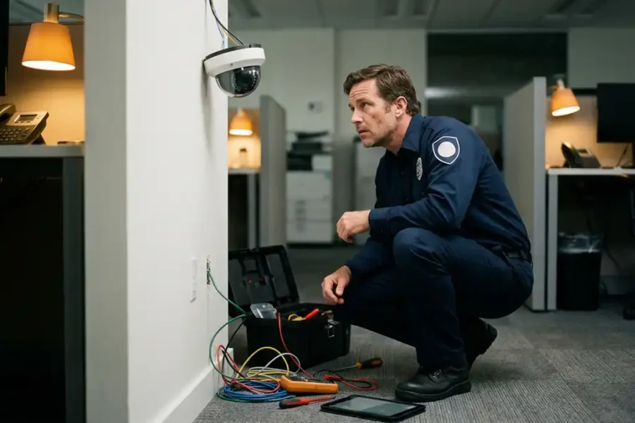 Beveiligingstechnicus in marineblauw uniform onderzoekt defecte CCTV-camera aan kantoorwand met diagnostische kabels