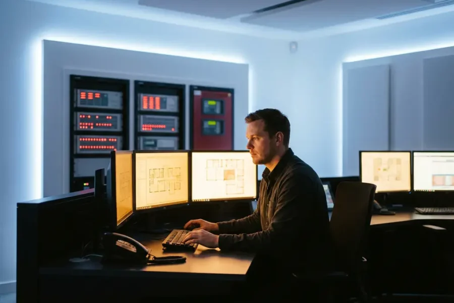 Beveiligingsmedewerker monitort brandalarmcentrales op wandschermen in moderne controlekamer met rode indicatielampjes