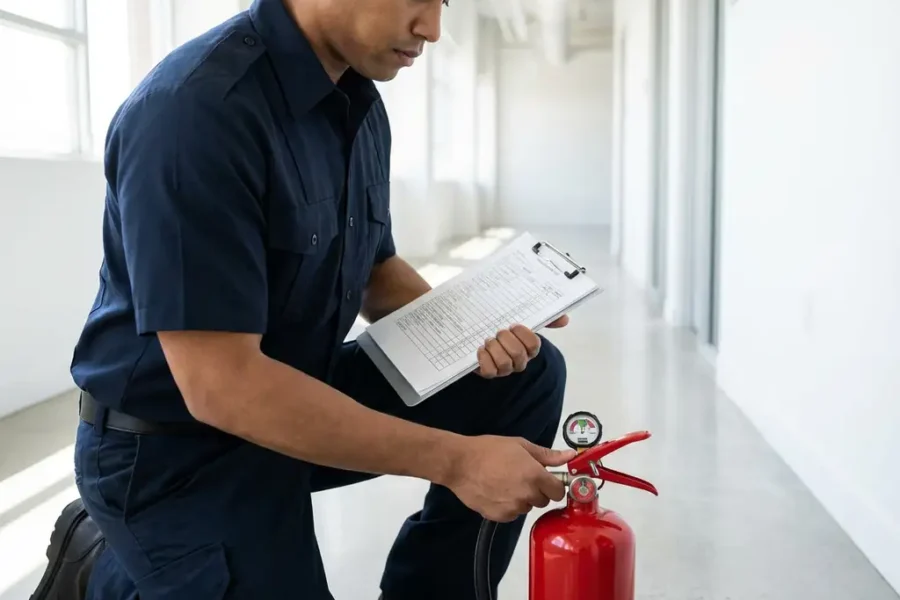 Brandveiligheidsinspecteur in uniform controleert rode brandblusser met digitale meter en checklist in moderne kantoorgang