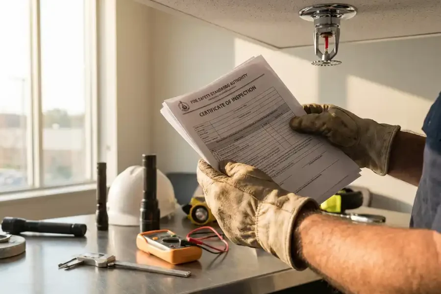 Brandveiligheidsinspecteur houdt certificatiedocument vast terwijl hij chromen sprinkler op wit plafond onderzoekt