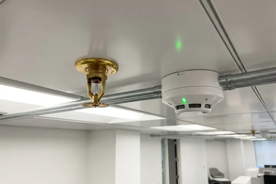 Moderne brandsprinkler en rookmelder gemonteerd op wit kantoorplafond met metalen leidingen en groen LED-lampje