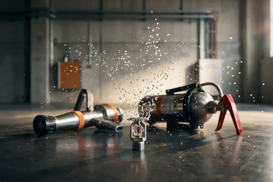 Moderne sprinklerkoppen met waterdruppels en brandblussingsapparatuur op gepolijste betonnen ondergrond in industriële setting