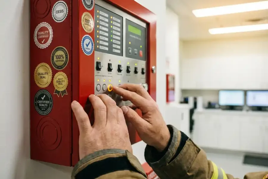 Brandveiligheidstechnicus inspecteert rode brandmeldcentrale met certificeringszegels in moderne beveiligingsruimte