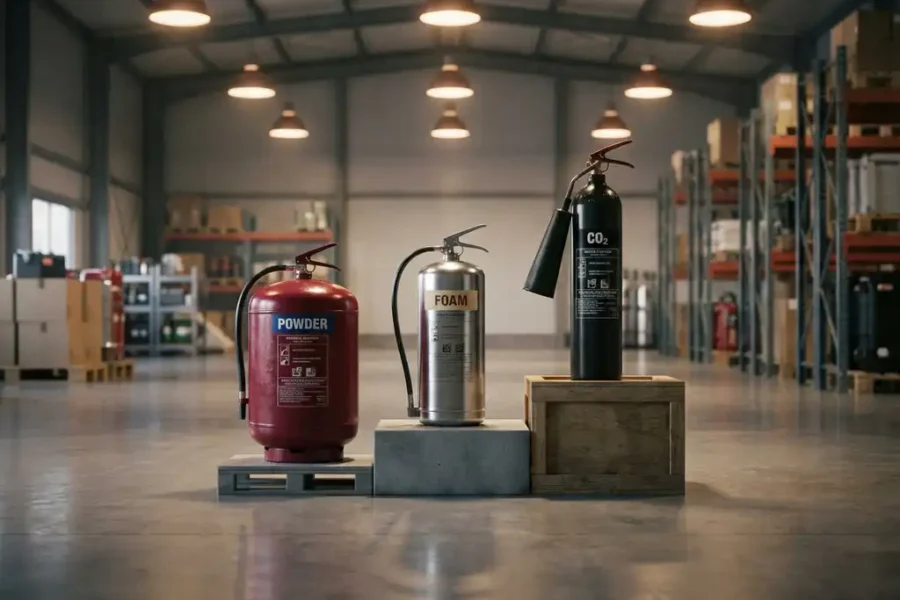 Drie professionele brandblusser types op betonnen vloer in moderne industriële loods met warme verlichting