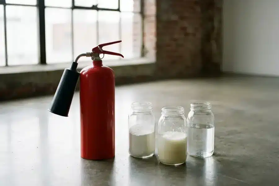 Professionele rode brandblusser op betonnen vloer omringd door glazen containers met blusagenten poeder, schuim en water