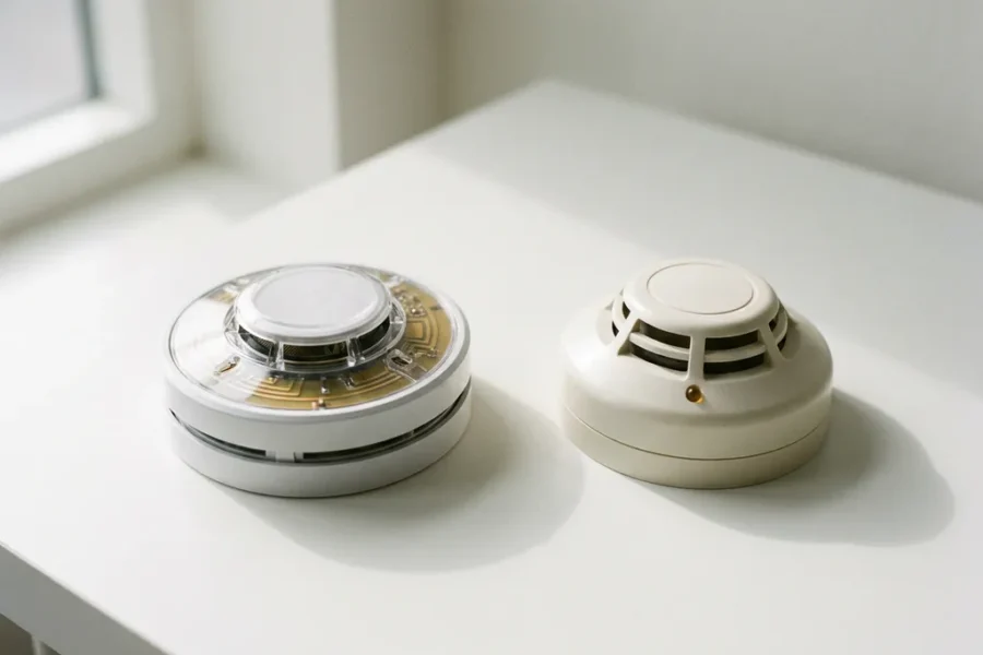 Twee branddetectoren op witte ondergrond: moderne adresseerbare detector met zichtbare circuits naast traditionele conventionele detector