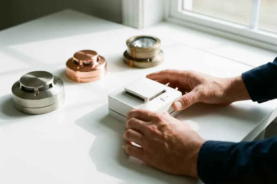 Branddetectieapparatuur inclusief rookmelder, warmtesensor en vlamdetector gerangschikt op witte ondergrond door veiligheidsingenieur