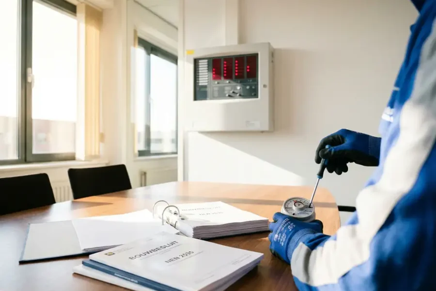 Brandmeldcentrale met rode waarschuwingslichten op kantoorwand, technicus past detectieapparatuur aan met Nederlandse bouwvoorschriften op tafel
