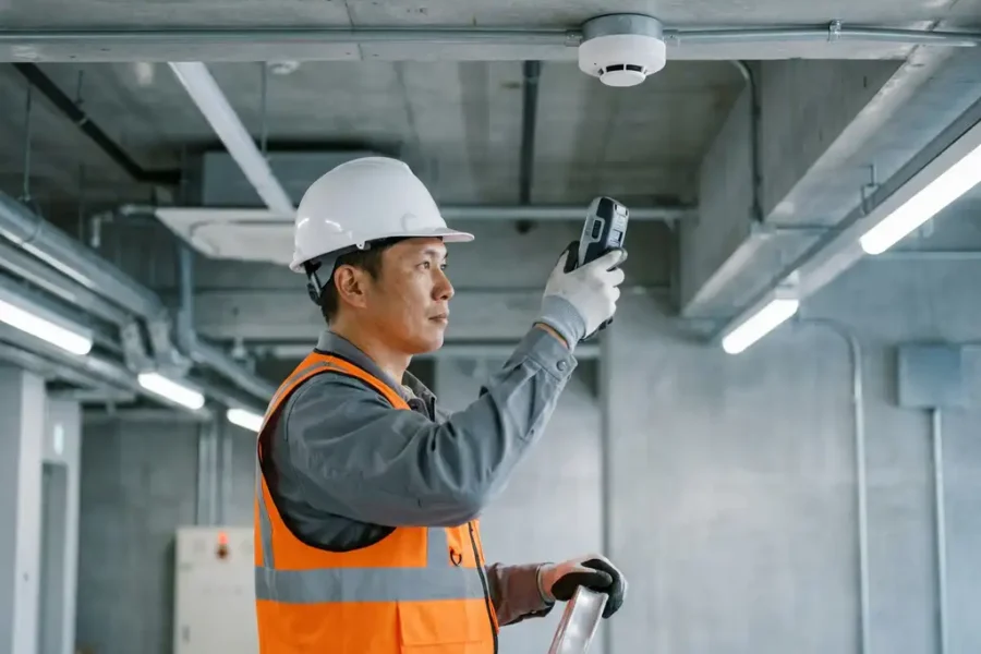 Gecertificeerde technicus inspecteert witte rookmelder op industrieel plafond met testapparatuur in moderne bedrijfsruimte