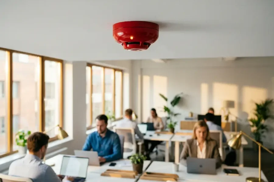 Rode branddetectiesensor aan wit kantoorplafond met gloeiende LED-indicator boven werknemers aan moderne bureaus