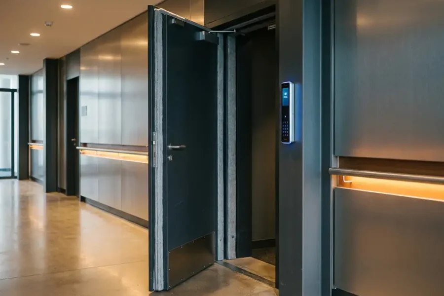 Stalen brandwerende deur met elektronisch toegangspaneel in moderne commerciële gang met gepolijste betonvloeren