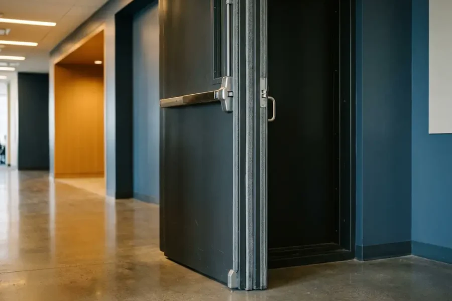 Zware stalen brandwerende deur staat gedeeltelijk open in moderne commerciële gang met gepolijste betonvloeren