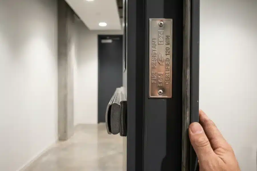 Stalen brandwerende deur met metalen certificatieplaat en vuurbestendige afdichtingen in moderne kantoorgang