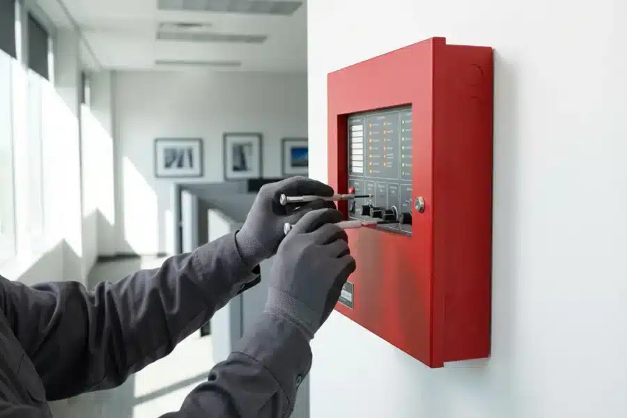 Technicus past instellingen aan van rode brandmeldcentrale op witte kantoorwand met zichtbare LED-indicatoren