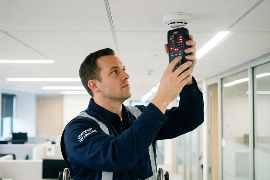 Gecertificeerde technicus in marineblauw uniform inspecteert witte rookmelder aan kantoorplafond met professioneel testapparaat
