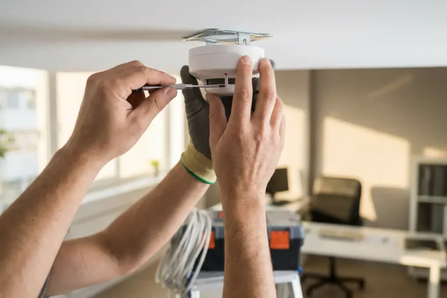 Technicus installeert witte rookmelder aan kantoorplafond met schroevendraaier en montagebeugel