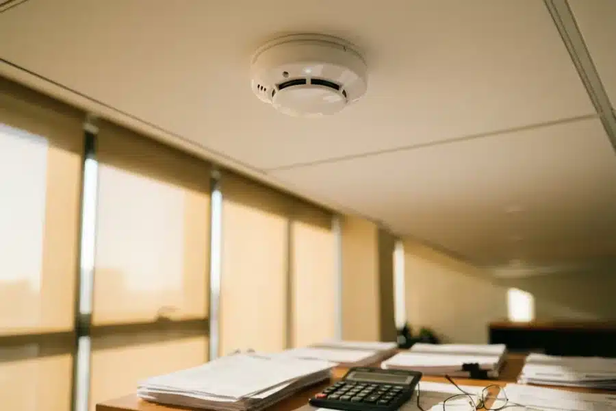 Witte brandmelder aan kantoorplafond boven bureau met verzekeringsdocumenten en rekenmachine in gouden zonlicht