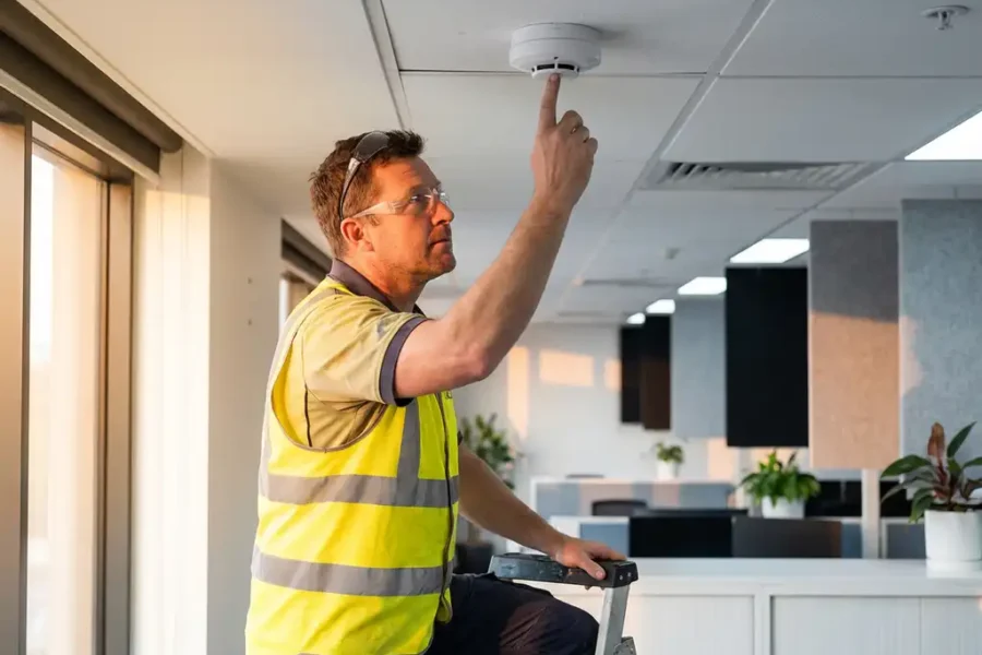 Technicus in veiligheidsvest test brandmelder op kantoorplafond door testknop in te drukken