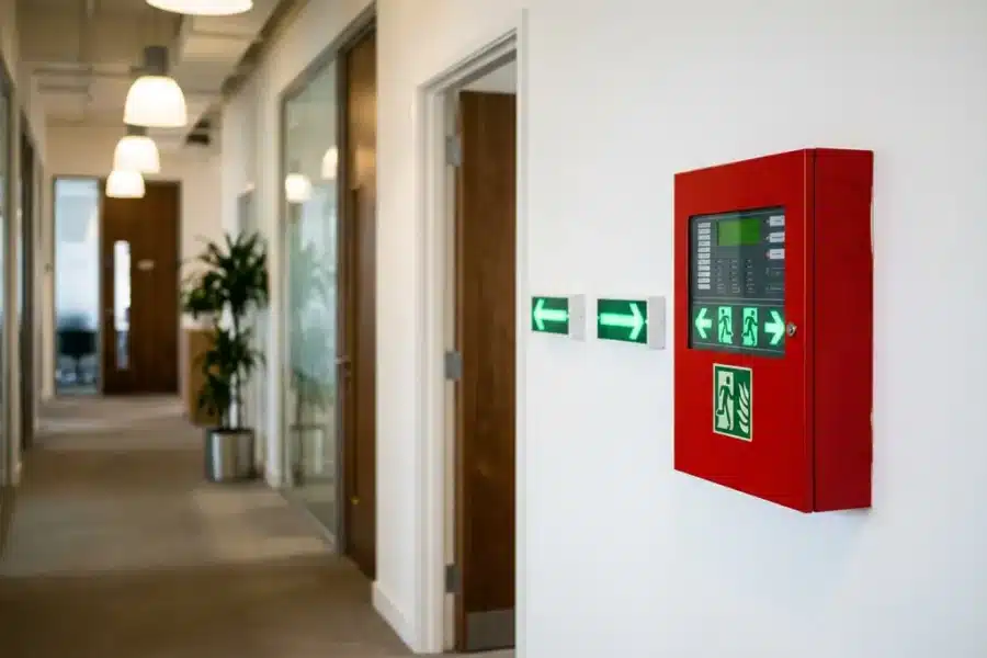Rood brandmeldpaneel met groene LED-evacuatiepijlen aan witte muur in moderne kantoorgang