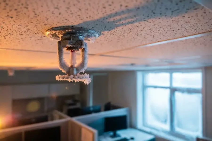 Bevroren sprinkler met ijskristallen aan wit kantoorplafond, warme noodverlichting contrasteert met koud winterlicht